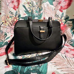Faux Leather Satchel purse in Black with metallic gold details.